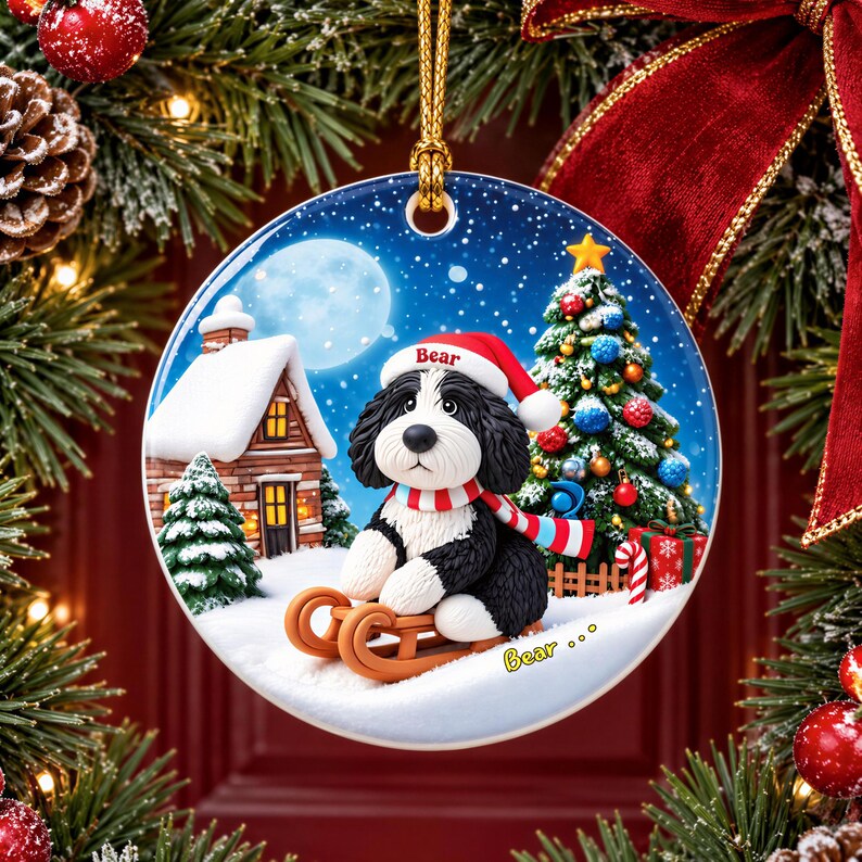 A decorative ornament featuring a black and white dog wearing a Santa hat and scarf, sitting on a sled and surrounded by a snowy winter scene with a Christmas tree and a cabin in the background.