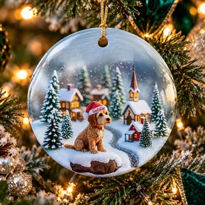 May include: A round, flat ceramic Christmas ornament featuring a winter village scene with snow-covered pine trees, small houses, and a church. A golden-brown dog wearing a red Santa hat with the name Goldie printed on it sits in the center.