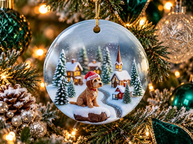 May include: A round, flat ceramic Christmas ornament featuring a winter village scene with snow-covered pine trees, small houses, and a church. A golden-brown dog wearing a red Santa hat with the name Goldie printed on it sits in the center.