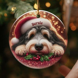 Tri Fade Bernedoodle Ornament, Custom Pet Keepsake | Sublimation Ceramic | 3 Inch Round Holiday Tree Decor image 1