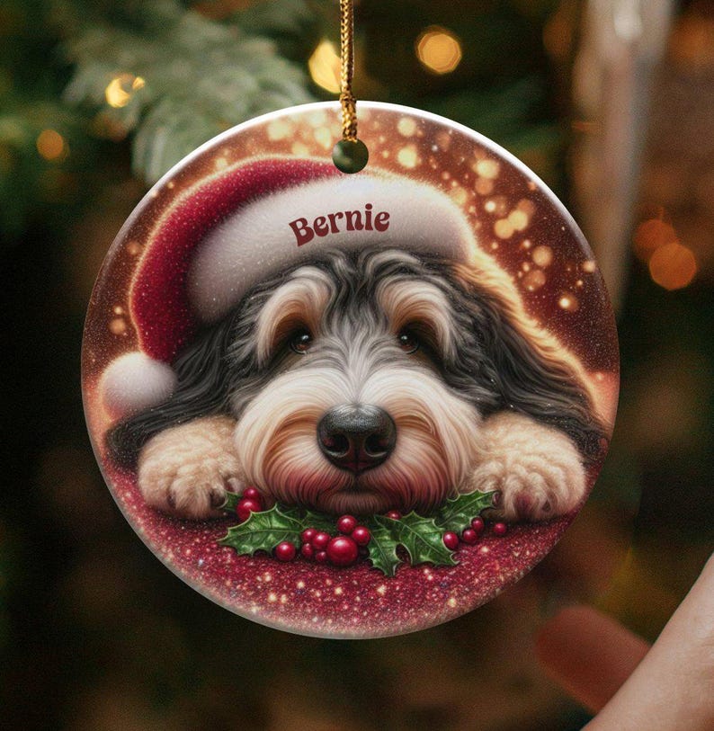 Tri Fade Bernedoodle Ornament, Custom Pet Keepsake | Sublimation Ceramic | 3 Inch Round Holiday Tree Decor image 1