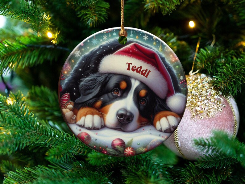Bernese Mountain Dog Ornament, Custom Name Pet Keepsake | Double-Sided Ceramic | 3-Inch Sublimation Holiday Tree Decor immagine 1