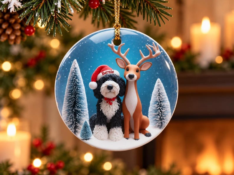 May include: A round ceramic Christmas ornament featuring a black and white dog wearing a red Santa hat with the name Bernie printed on it, sitting next to a brown deer in a snowy forest with evergreen trees under a blue sky with falling snow.