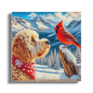 Doodle Dog and Cardinal Art Canvas, Pet Lover Gift image 3