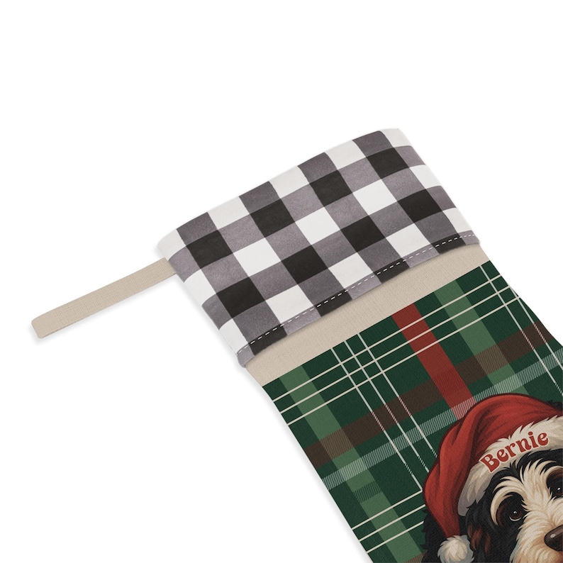 パーソナライズされたバーニーズドゥードルのクリスマスストッキング：ヴィンテージリネン＆チェック柄 画像 10
