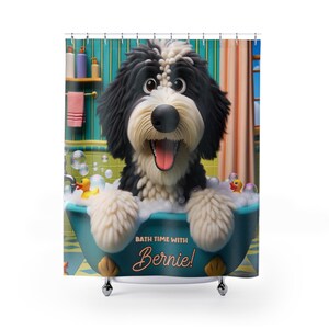 Bernedoodle shower curtain, personalized bath decor, custom dog curtain, pet name bathroom, durable polyester curtain, one-sided print decor, unique dog gift, cute bathroom accessory, dog lover home decor,bernedoodle bath, customizable shower curtain