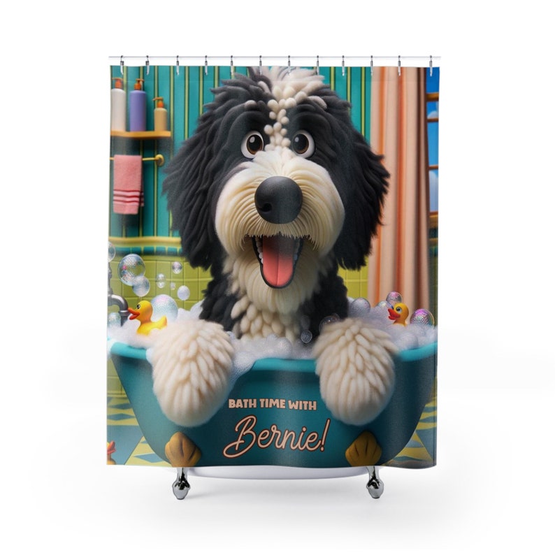 Bernedoodle shower curtain, personalized bath decor, custom dog curtain, pet name bathroom, durable polyester curtain, one-sided print decor, unique dog gift, cute bathroom accessory, dog lover home decor,bernedoodle bath, customizable shower curtain