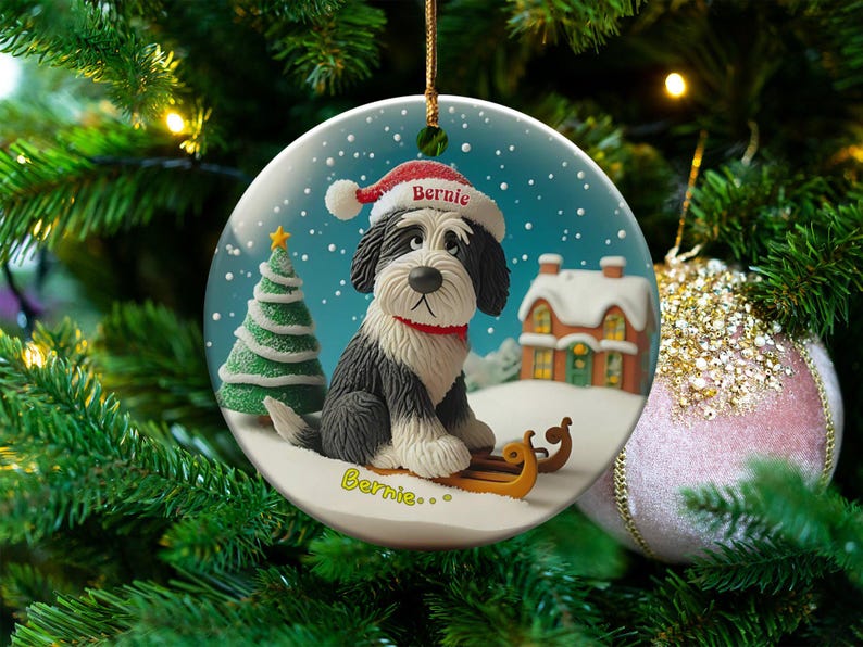 Festive Dog On, Bernedoodle Sledding Ornament | Ceramic Sublimation | 3 Inch Snow Globe Style Bild 8