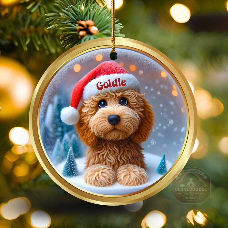 Goldendoodle ceramic 3 inch ornament in vibrant color and claymation style design.  Full gloss and printed on both sides.  It's hung with a gold string.