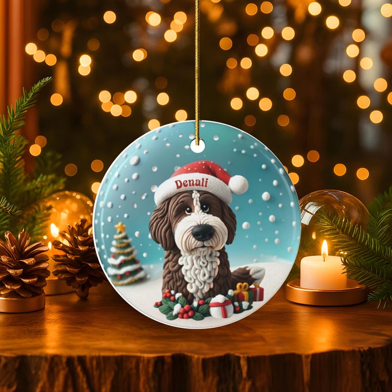 Personalized Brown Bernedoodle Christmas Ornament, Custom Dog Keepsake | Ceramic | 2.76-Inch Round Holiday Decoration, Sublimation image 1