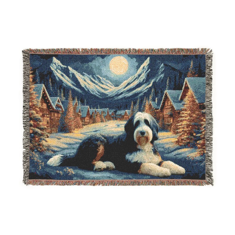 Bernedoodle Christmas Village in the Mountains Woven Blanket - Three Sizes Available image 1