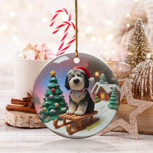 Ceramic Pet Ornament, Dog Sledding Gift - Santa Hat | Sublimation Printed | 3 Inch Christmas Tree Decor image 2