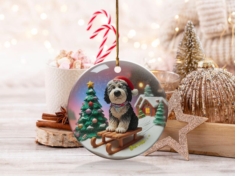 Ceramic Pet Ornament, Dog Sledding Gift - Santa Hat | Sublimation Printed | 3 Inch Christmas Tree Decor image 2