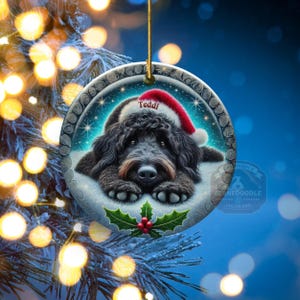 Black goldendoodle ceramic ornament with two sided design.  Black golden doodle , black bernedoodle dog decor.