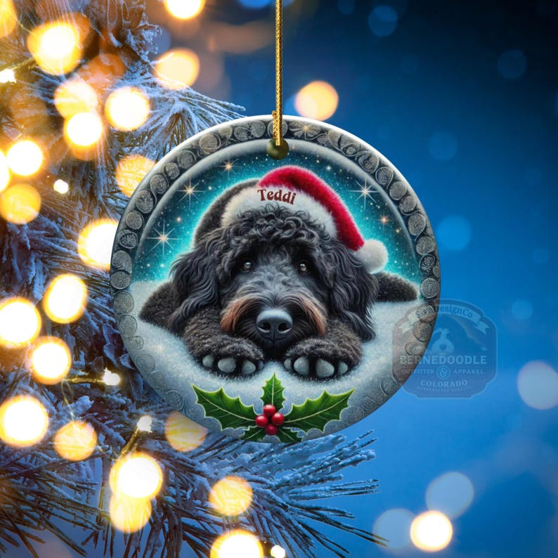 Black goldendoodle ceramic ornament with two sided design.  Black golden doodle , black bernedoodle dog decor.