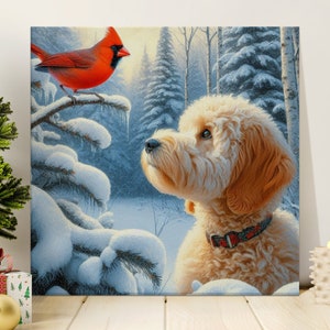 Goldendoodle Dog and Cardinal Art, Choose Canvas or Poster, Dogs and Red Cardinal, white Goldendoodle, Pet Person Gift, Doodle Mom Dad Gifts