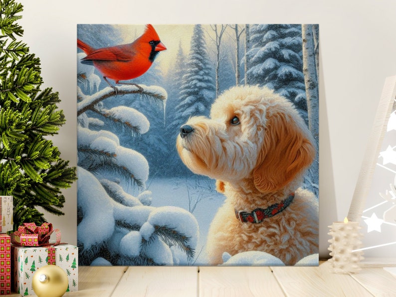 Goldendoodle Dog and Cardinal Art, Choose Canvas or Poster, Dogs and Red Cardinal, white Goldendoodle, Pet Person Gift, Doodle Mom Dad Gifts