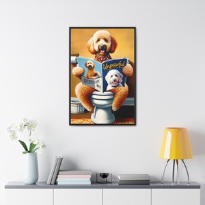 Goldendoodle Toilet Pet Portrait, Dog Reading Magazine, funny dog portrait, guest bathroom wall art, labradoodle lover gift, pet lover image 1
