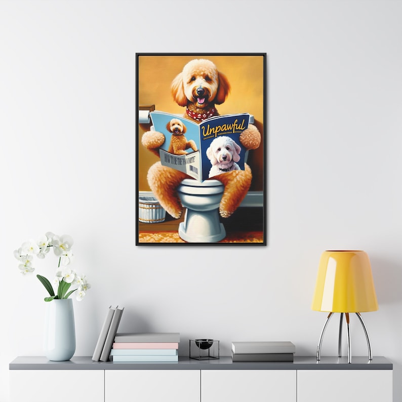 Goldendoodle Toilet Pet Portrait, Dog Reading Magazine, funny dog portrait, guest bathroom wall art, labradoodle lover gift, pet lover image 1
