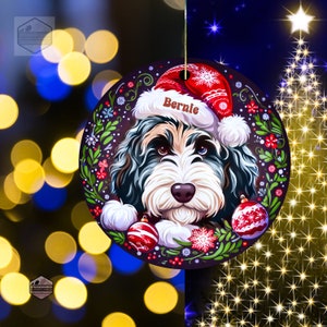 Merle Bernedoodle ceramic ornament with one blue eye and one brown eye!