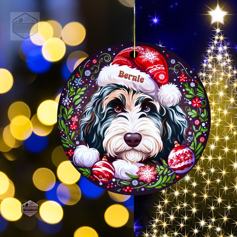 Merle Bernedoodle ceramic ornament with one blue eye and one brown eye!
