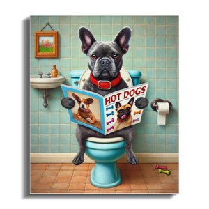 Lienzo con diseño de bulldog francés en el inodoro, decoración divertida para el baño, regalo para amantes de las mascotas. imagen 5