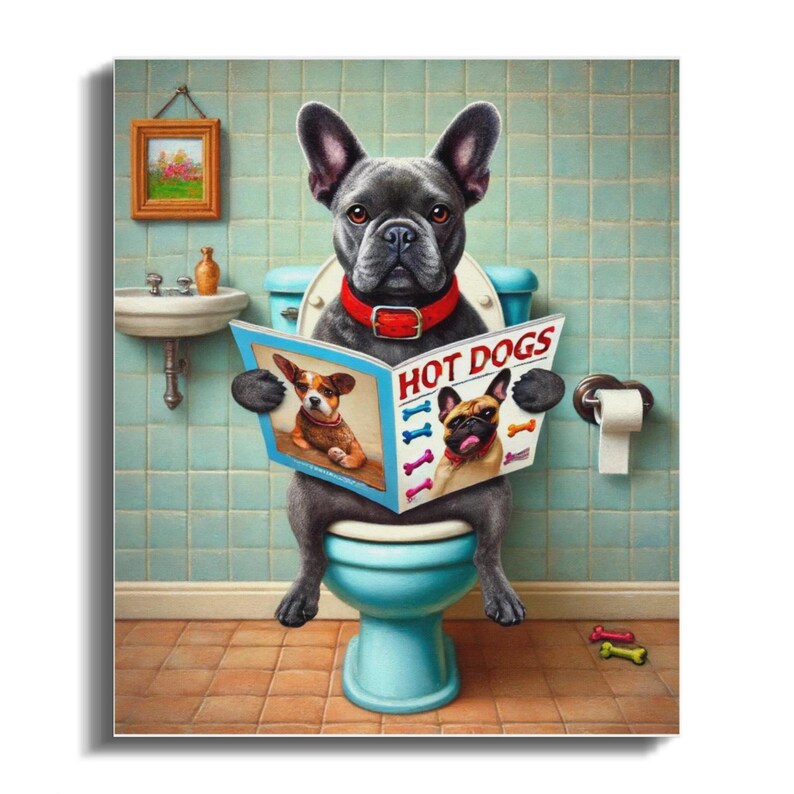 Lienzo con diseño de bulldog francés en el inodoro, decoración divertida para el baño, regalo para amantes de las mascotas. imagen 5