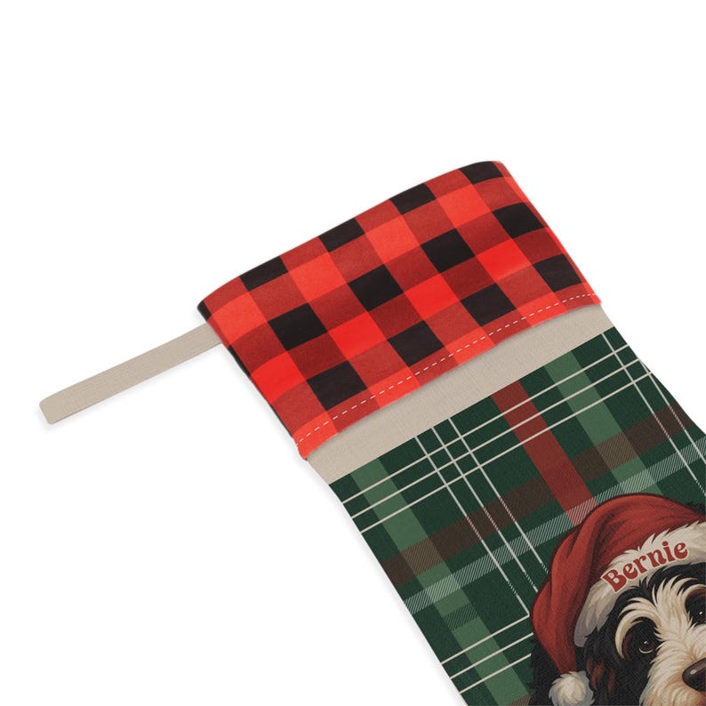 パーソナライズされたバーニーズドゥードルのクリスマスストッキング：ヴィンテージリネン＆チェック柄 画像 5