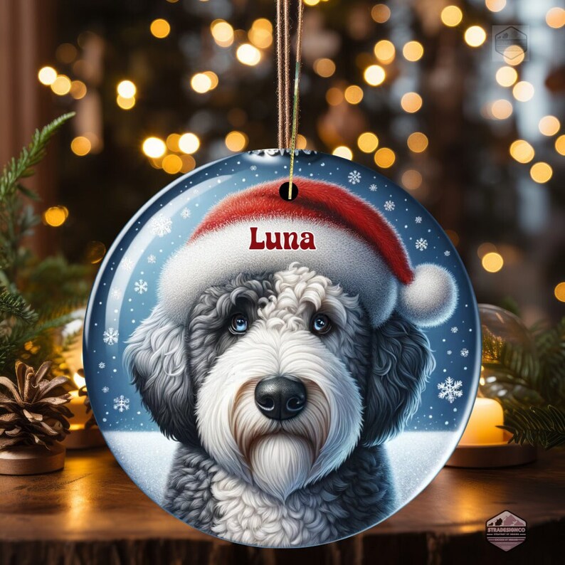 Sheepadoodle Ceramic Ornament, showcasing stunning blue eyes. Personalized ornament with your dogs name