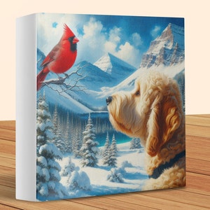 Doodle Dog and Cardinal Canvas Art, Winter Scene image 1
