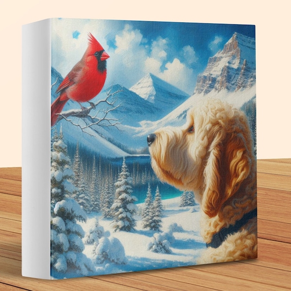 Doodle Dog and Cardinal Canvas Art, Winter Scene