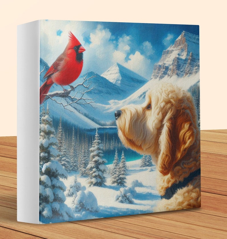 Doodle Dog and Cardinal Canvas Art, Winter Scene image 1