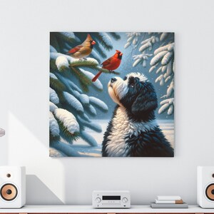 Bernedoodle canvas art, cardinal bird print, mid-west woods decor, dog and nature wall art, cotton canvas print, indoor vibrant artwork, 100% cotton art, detailed animal canvas, large wall canvas, pet lover gift, nature-inspired decor. Superbowl gift