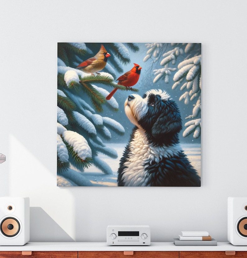 Bernedoodle canvas art, cardinal bird print, mid-west woods decor, dog and nature wall art, cotton canvas print, indoor vibrant artwork, 100% cotton art, detailed animal canvas, large wall canvas, pet lover gift, nature-inspired decor. Superbowl gift