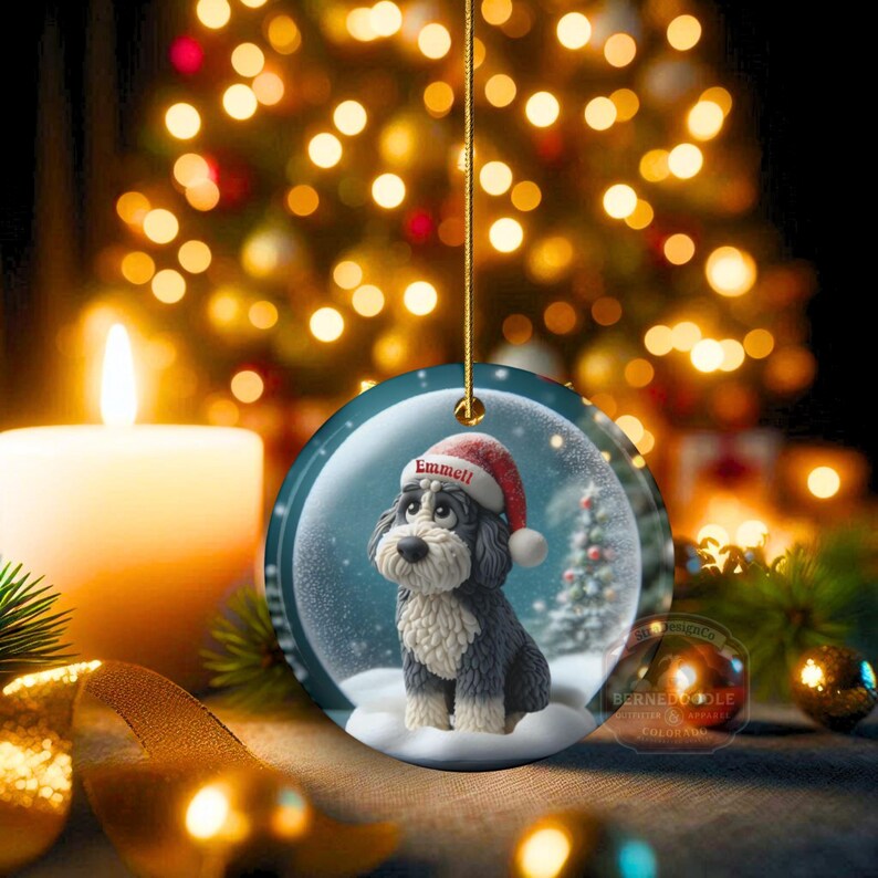 Sheepadoodle Dog Christmas Ornament, Festive Snow Scene Decor | Ceramic | Sublimation Two-Sided Keepsake image 11