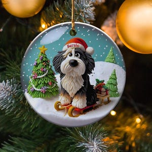 Bernedoodle Sledding, Snow Globe Style Ornament | Ceramic | 3 Inch Personalized Double Sided Keepsake afbeelding 1