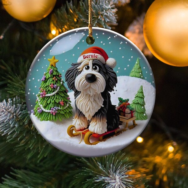 Bernedoodle Sledding, Snow Globe Style Ornament | Ceramic | 3 Inch Personalized Double Sided Keepsake