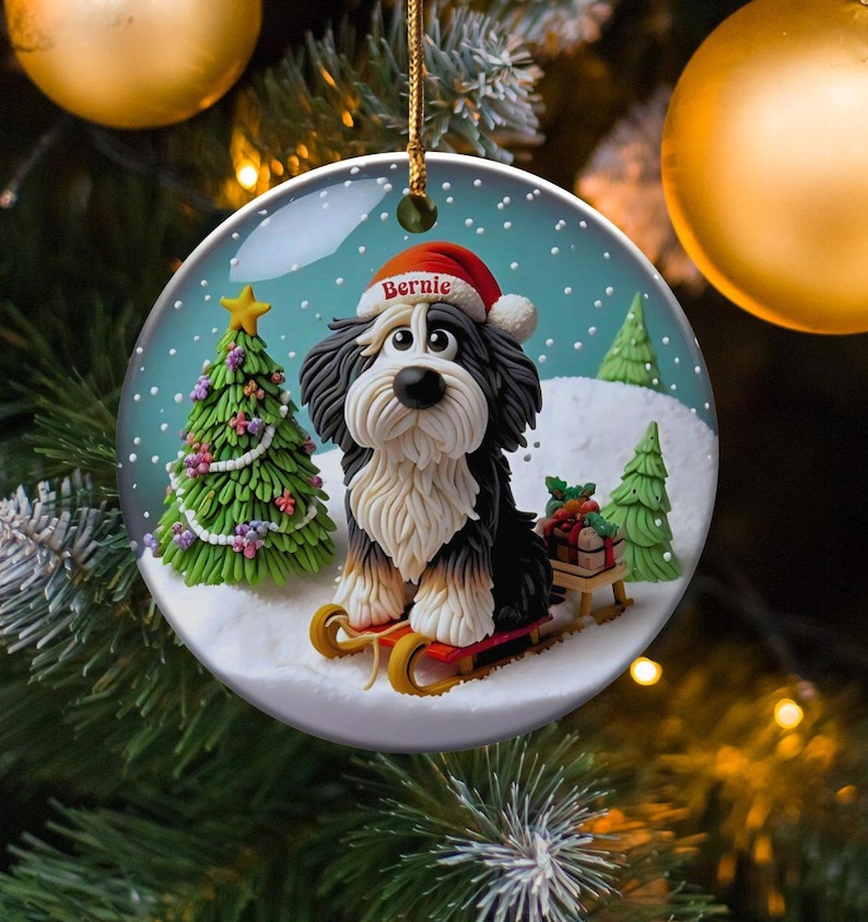 Bernedoodle Sledding, Snow Globe Style Ornament | Ceramic | 3 Inch Personalized Double Sided Keepsake afbeelding 1