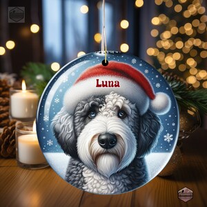 Sheepadoodle Ceramic Ornament, showcasing stunning blue eyes. Personalized ornament with your dogs name