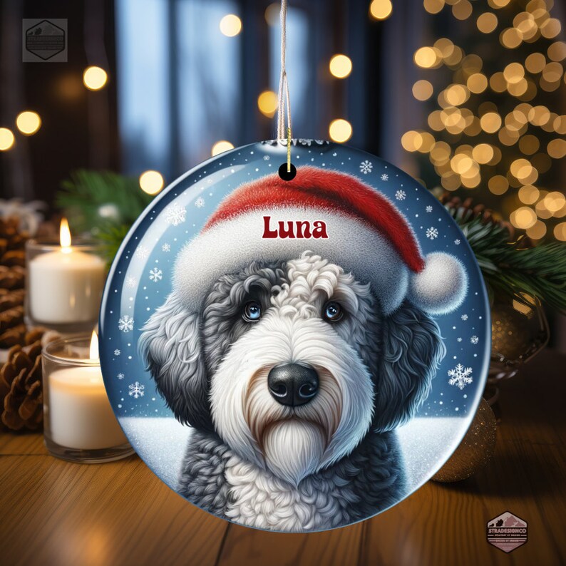 Sheepadoodle Ceramic Ornament, showcasing stunning blue eyes. Personalized ornament with your dogs name