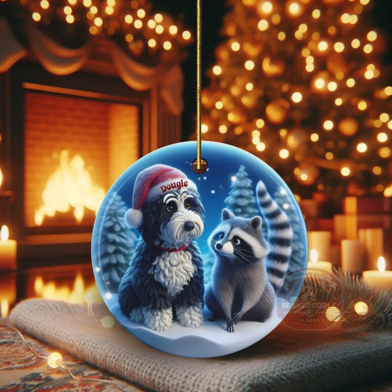 A 3-inch double-sided ceramic Christmas ornament featuring an adorable claymation-style Bernedoodle wearing a red Santa hat personalized  sitting beside a cute raccoon under a snowy winter night sky. The ornament has crisp detailing, soft blue tones, and a warm Christmas glow in the blurred background. Perfect for Bernedoodle lovers, handmade Christmas gift shoppers. High-quality ceramic with vibrant colors, ideal for tree decorating, pet memorial ornaments, or festive seasonal displays.