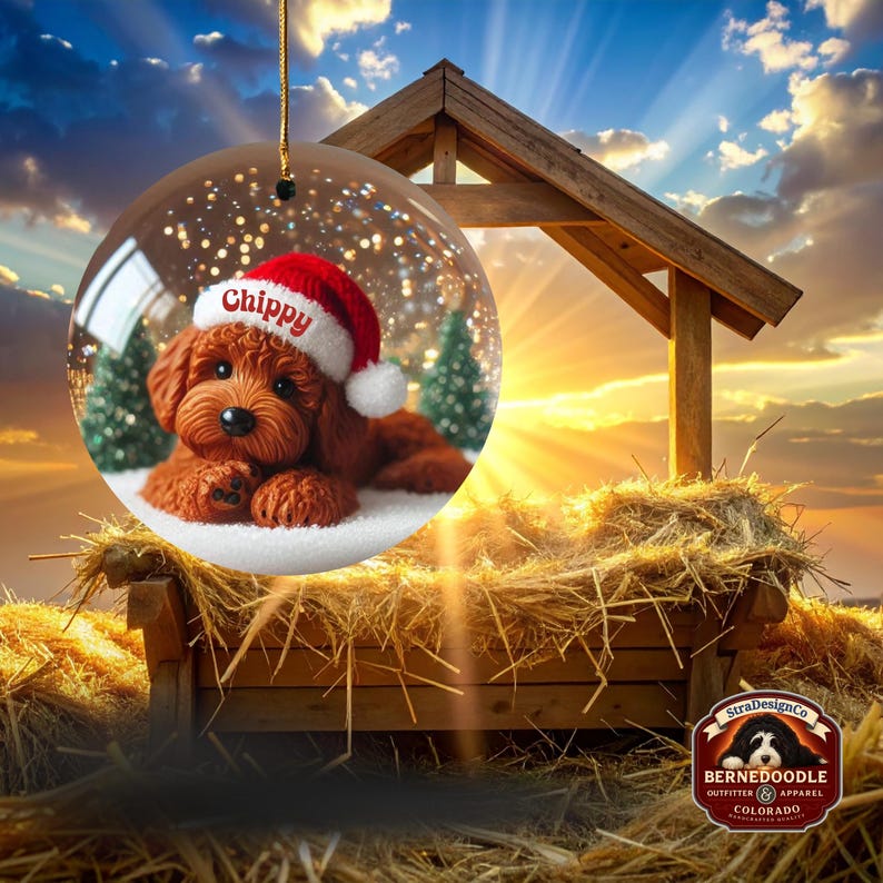 May include: A clear glass Christmas bauble featuring a brown dog wearing a Santa hat with the name "Chippy". The bauble is set against a backdrop of a wooden structure and a sunset.