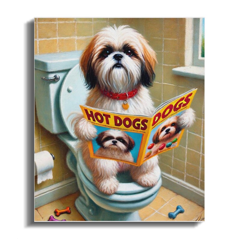 Funny Shih Tzu Dog On Toilet Canvas, Bathroom Decor, Pet Lover Gift image 3
