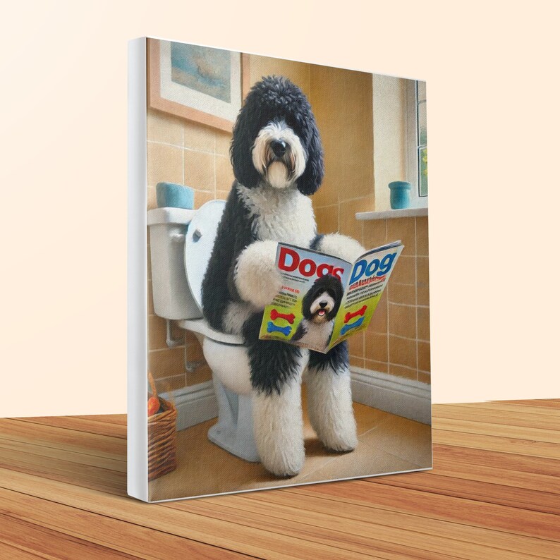 Sheepadoodle Dog Toilet Canvas Art: Humorous Bathroom Decor, Pet Lover Gift image 3