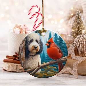 Cardinal and Bernedoodle Dog Ceramic Ornament, Oil Paint Style Design, Cardinal Lovers Gift, Mothers Day, Bird Lovers, Custom Crafted Design