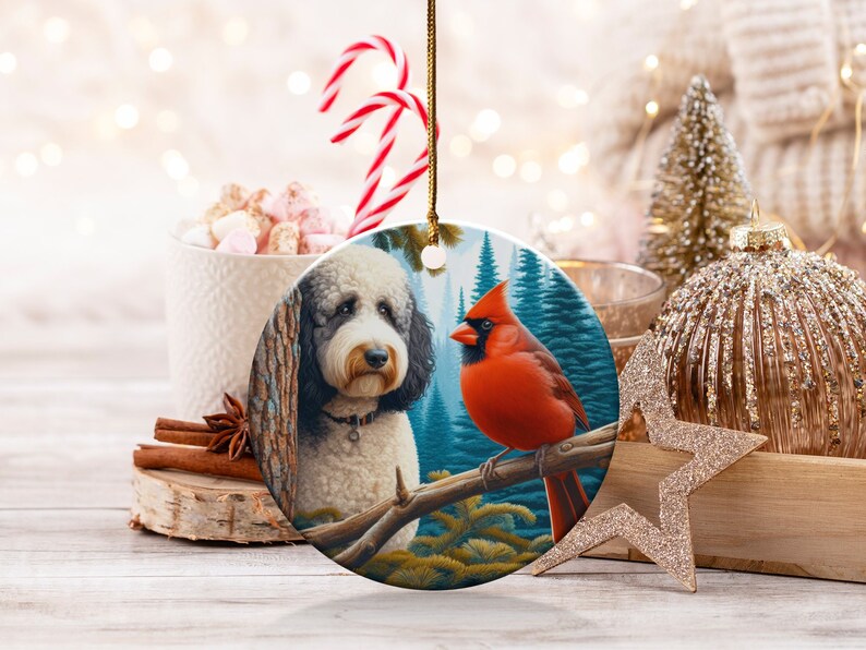 Cardinal and Bernedoodle Dog Ceramic Ornament, Oil Paint Style Design, Cardinal Lovers Gift, Mothers Day, Bird Lovers, Custom Crafted Design