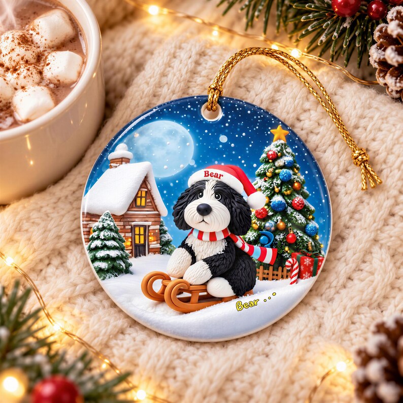A ceramic ornament featuring a black and white dog wearing a Santa hat and scarf, sitting on a sled and looking at the camera, with a snowy village scene and a Christmas tree in the background.