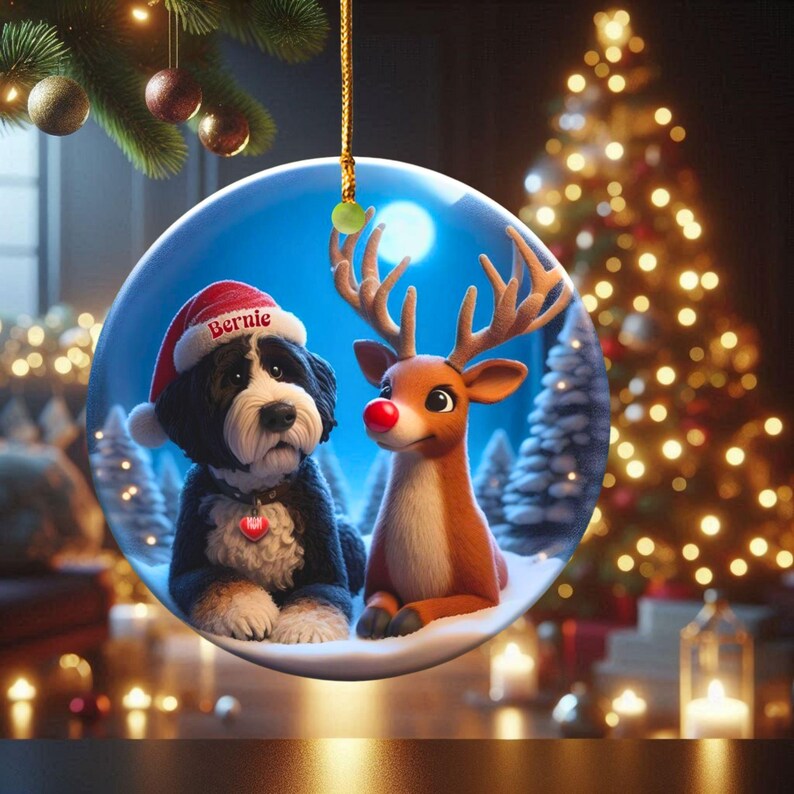 A fluffy Bernedoodle sits beside a gentle reindeer with a glowing red nose in a snowy winter forest. Soft blue and golden holiday lighting highlights the animals as snow falls around them. The Bernedoodle’s expressive face and the reindeer’s warm glow create a peaceful, magical Christmas scene perfect for woodland and dog-themed holiday décor.