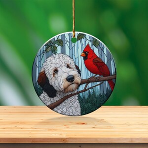 Cardinal and Goldendoodle Ceramic Ornament, Oil Paint Style Design, Cardinal Lovers Gift, Mothers Day, Bird Lover, Red Cardinal and Dog Gift