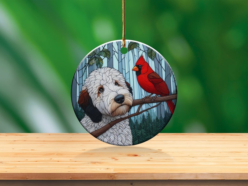 Cardinal and Goldendoodle Ceramic Ornament, Oil Paint Style Design, Cardinal Lovers Gift, Mothers Day, Bird Lover, Red Cardinal and Dog Gift